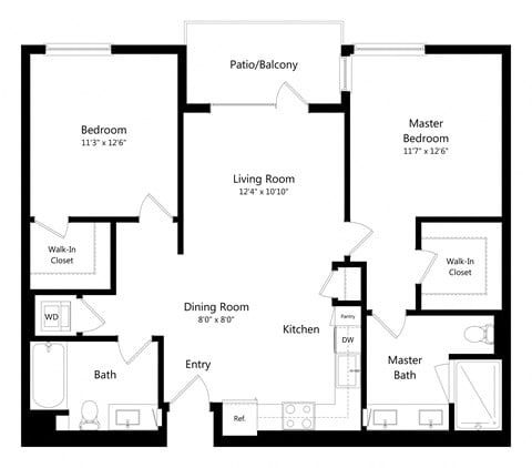 Floor plan for 2 beds, 2 baths, 1043 sqft