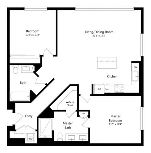 Floor plan for 2 beds, 2 baths, 1296 sqft