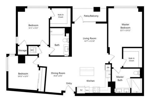 Floor plan for 3 beds, 2 baths, 1397 sqft
