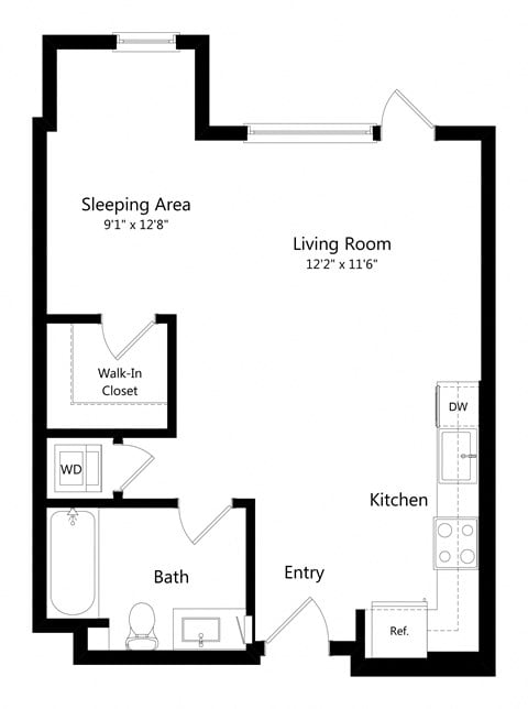 Floor plan for studio, 1 bath, 576 sqft