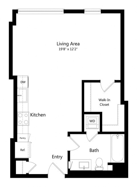 Floor plan for studio, 1 bath, 630 sqft