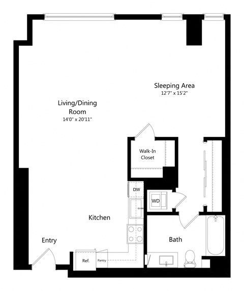 Floor plan for studio, 1 bath, 890 sqft