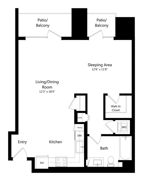 Floor plan for studio, 1 bath, 740 sqft