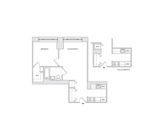 Floor plan for 1 bed, 1 bath, 590 sqft