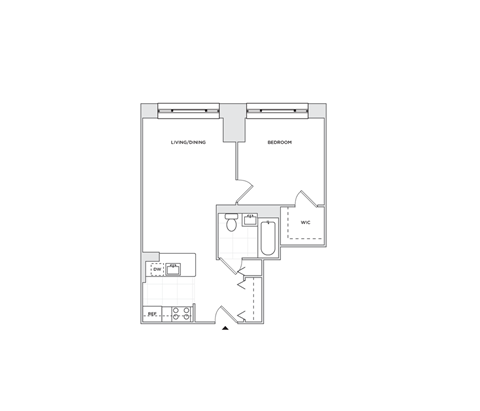 Floor plan for 1 bed, 1 bath, 595 sqft