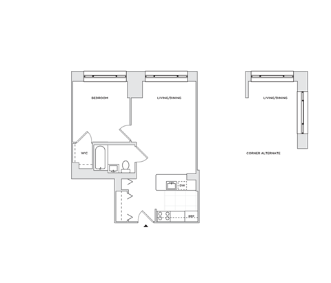 Floor plan for 1 bed, 1 bath, 610 sqft