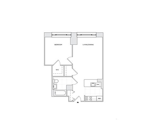 Floor plan for 1 bed, 1 bath, 618 sqft