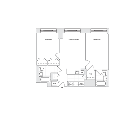 Floor plan for 2 beds, 2 baths, 870 sqft