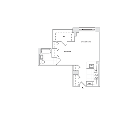 Floor plan for studio, 1 bath, 584 sqft