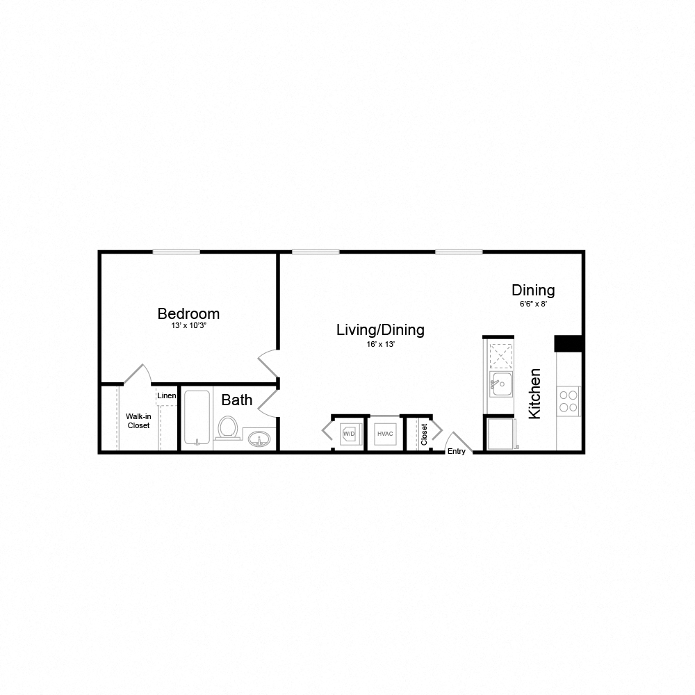 Floor plan for 1 bed, 1 bath, 640 sqft