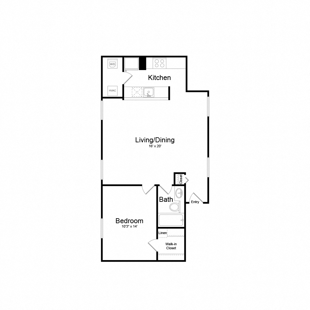Floor plan for 1 bed, 1 bath, 640 sqft