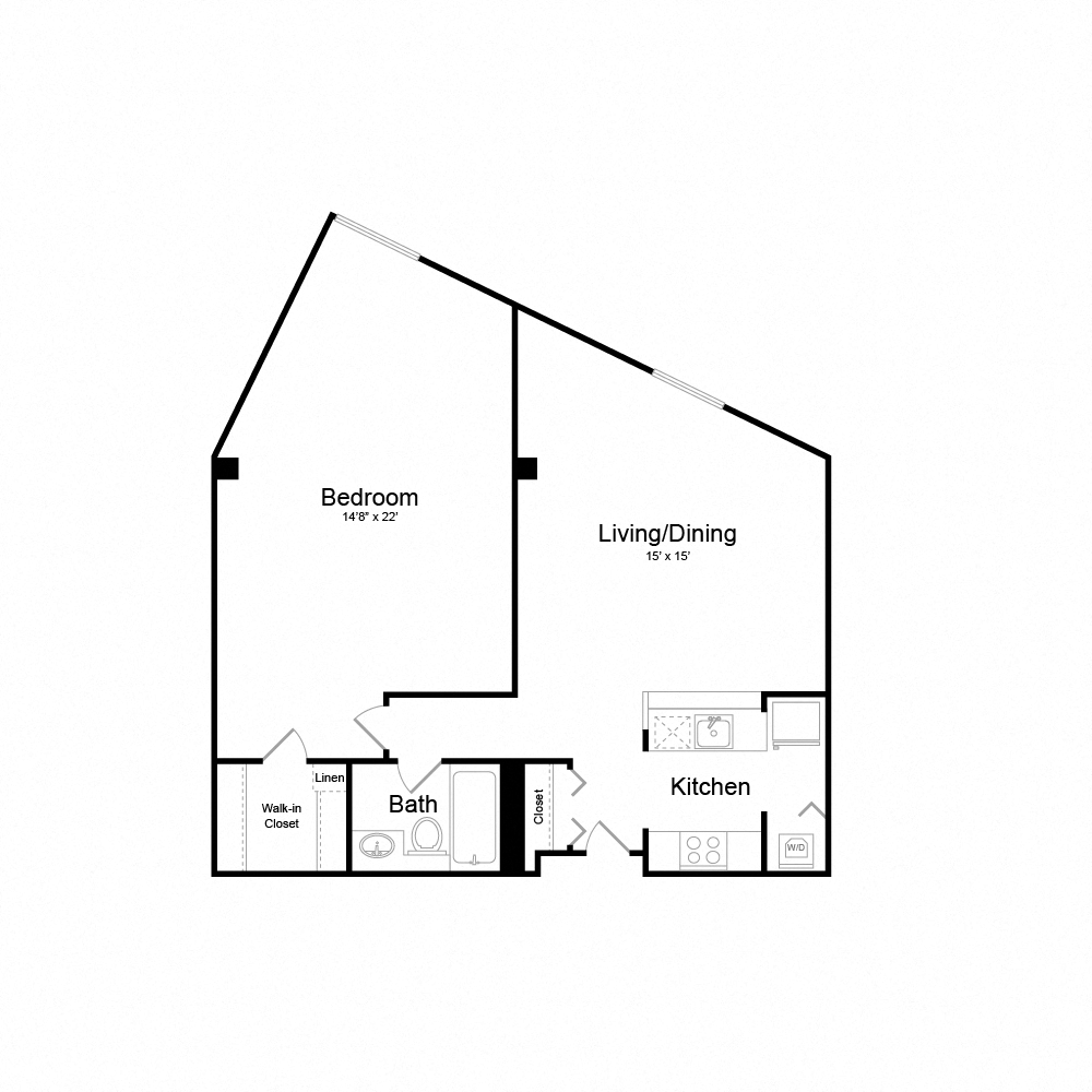 Floor plan for 1 bed, 1 bath, 700 sqft