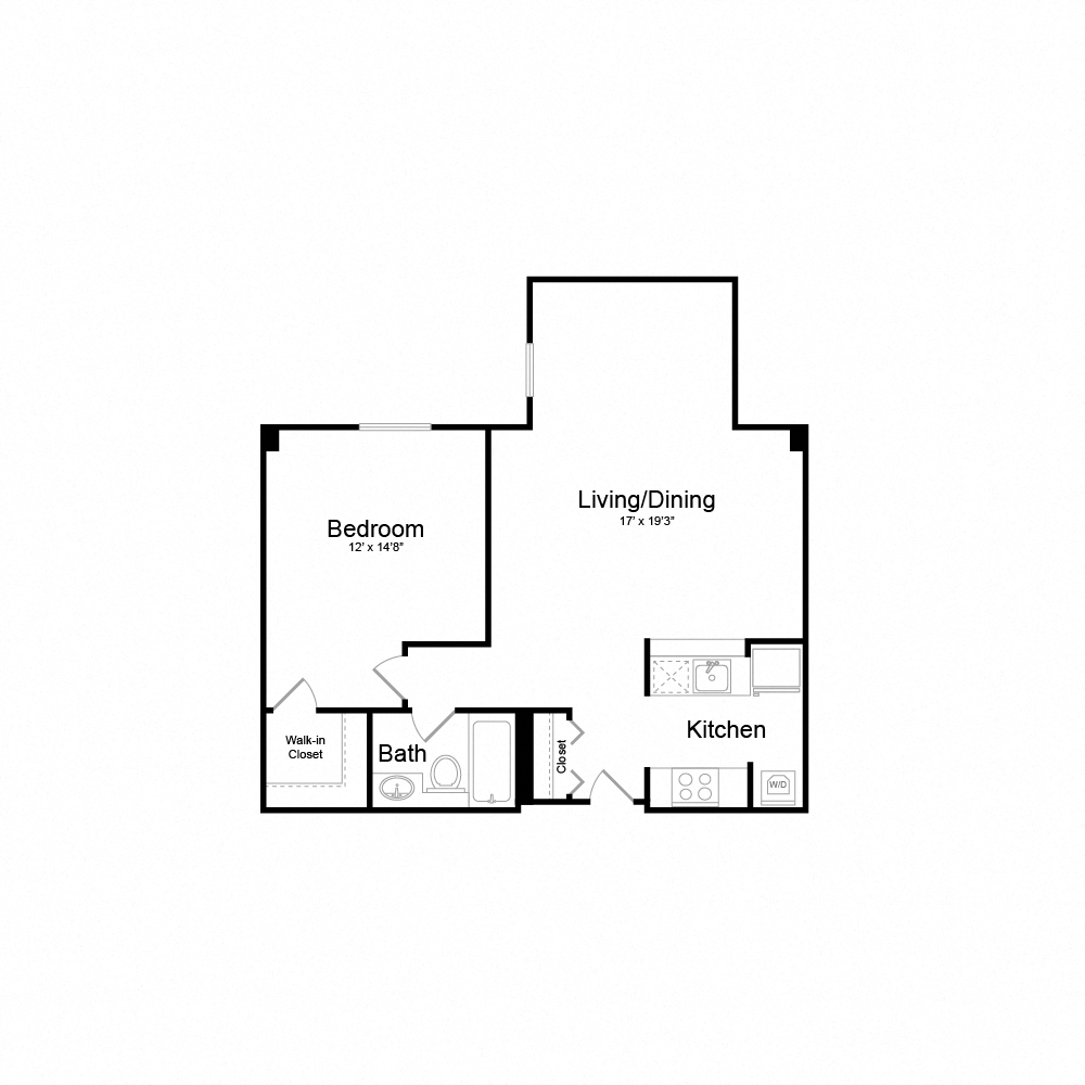 Floor plan for 1 bed, 1 bath, 750 sqft
