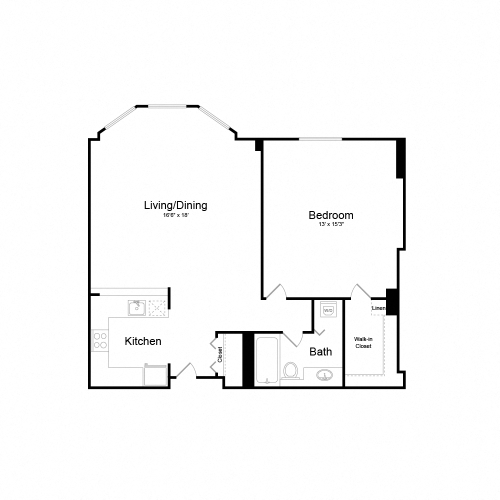 Floor plan for 1 bed, 1 bath, 750 sqft