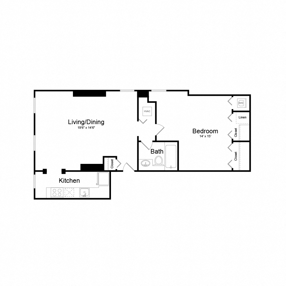 Floor plan for 1 bed, 1 bath, 790 sqft