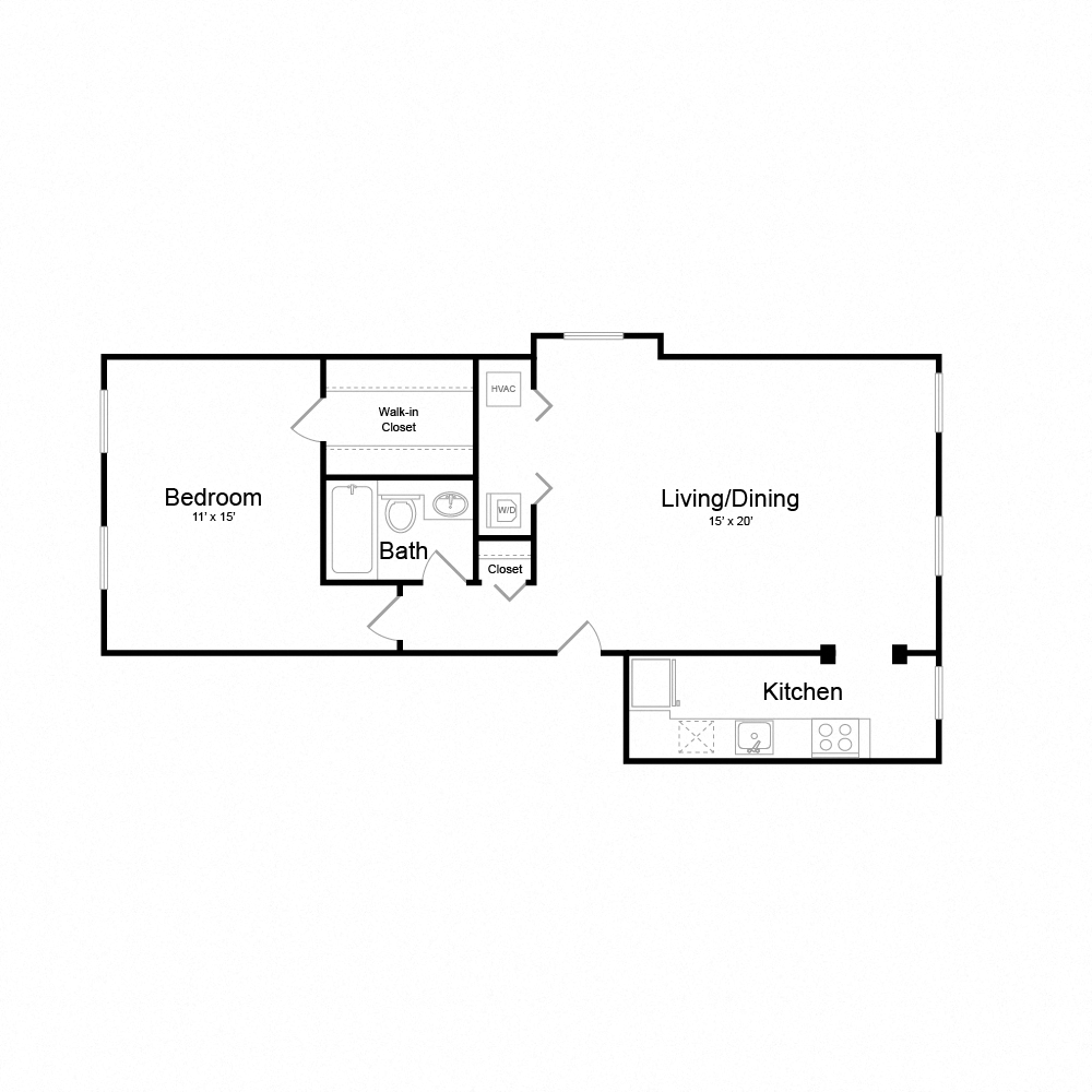 Floor plan for 1 bed, 1 bath, 790 sqft