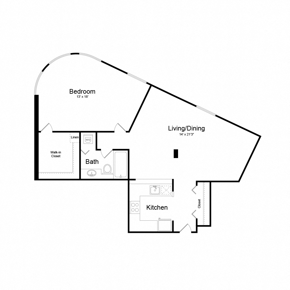 Floor plan for 1 bed, 1 bath, 875 sqft