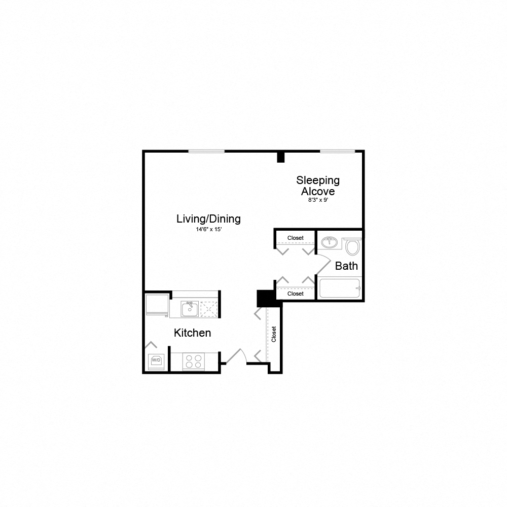 Floor plan for studio, 1 bath, 565 sqft