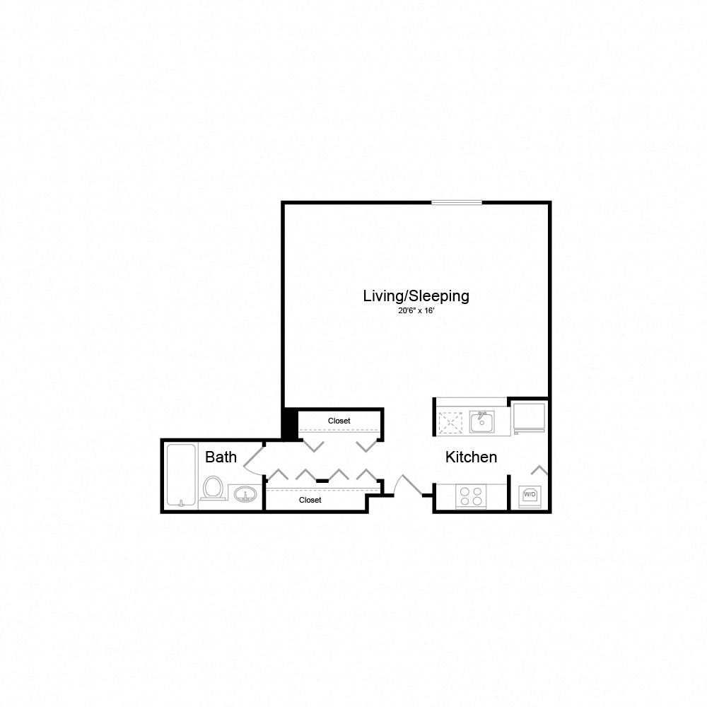 Floor plan for studio, 1 bath, 620 sqft