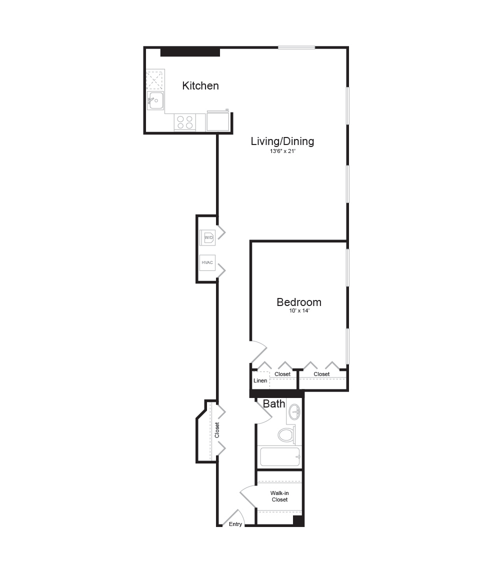 Floor plan for 1 bed, 1 bath, 765 sqft