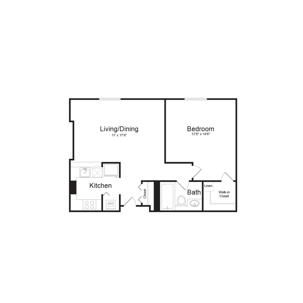 Floor plan for 1 bed, 1 bath, 600 sqft