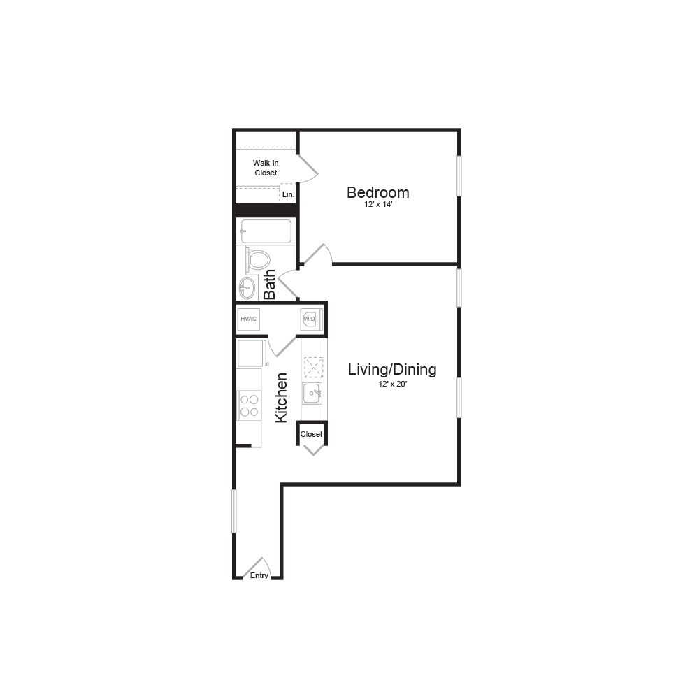 Floor plan for 1 bed, 1 bath, 640 sqft