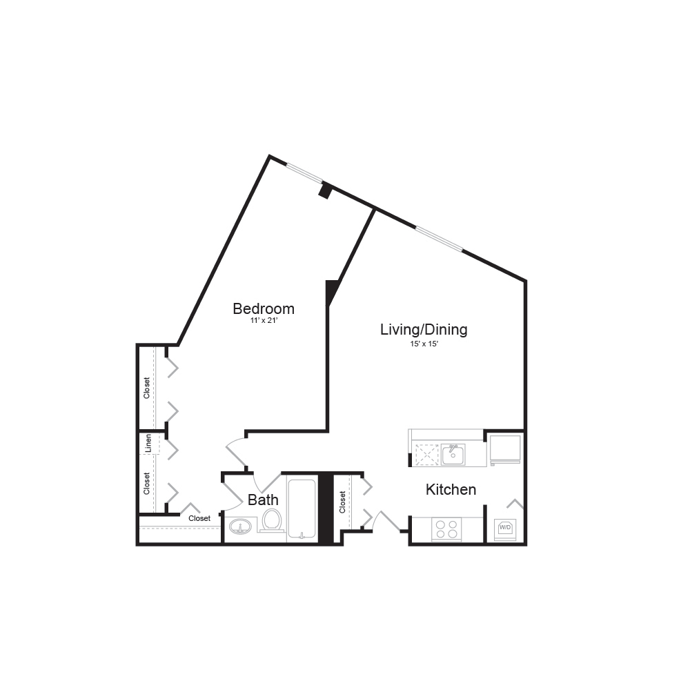 Floor plan for 1 bed, 1 bath, 700 sqft