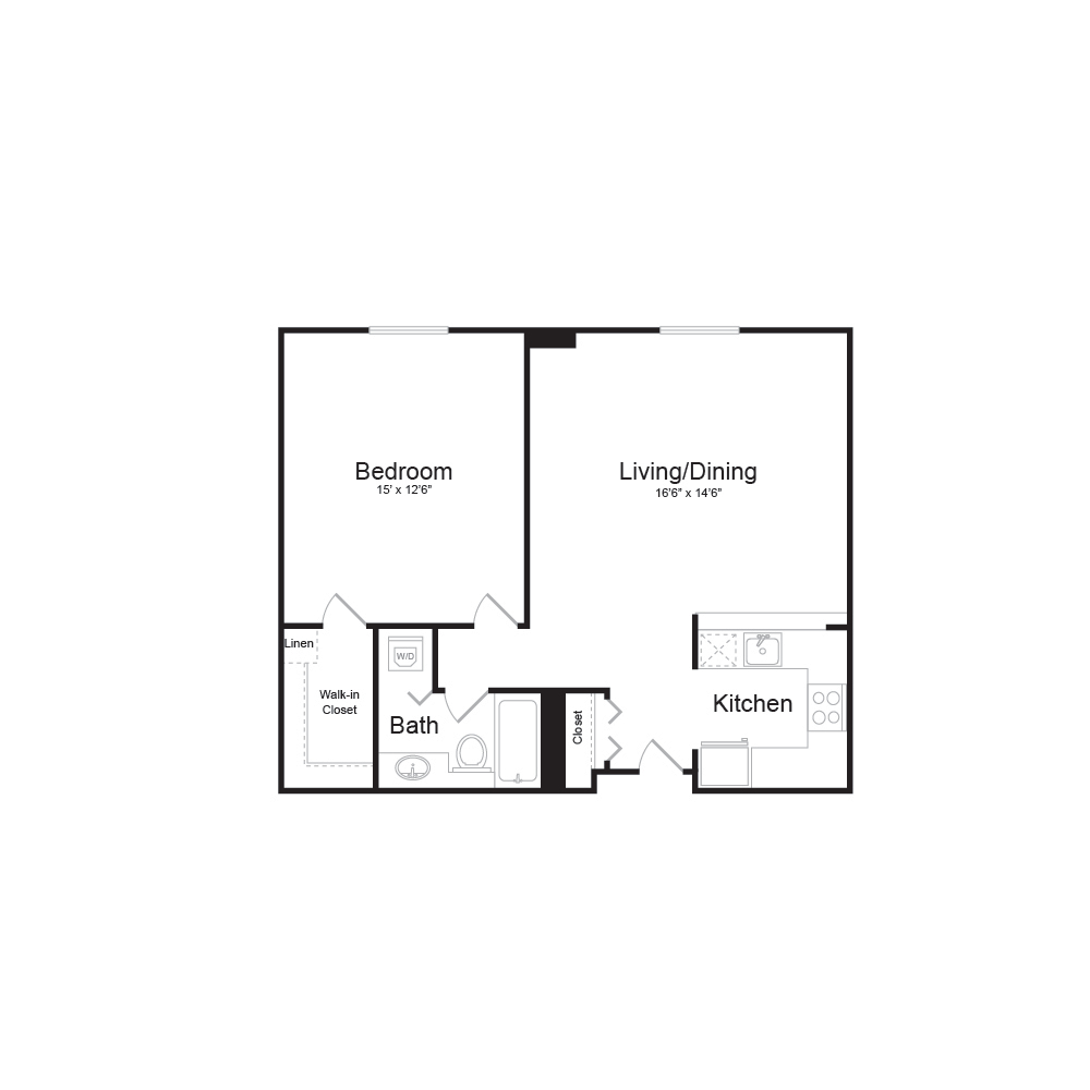 Floor plan for 1 bed, 1 bath, 750 sqft