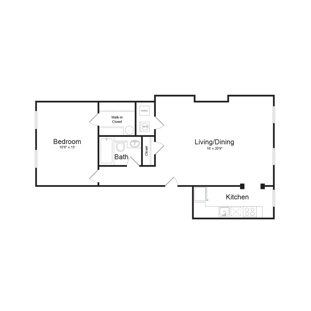 Floor plan for 1 bed, 1 bath, 790 sqft