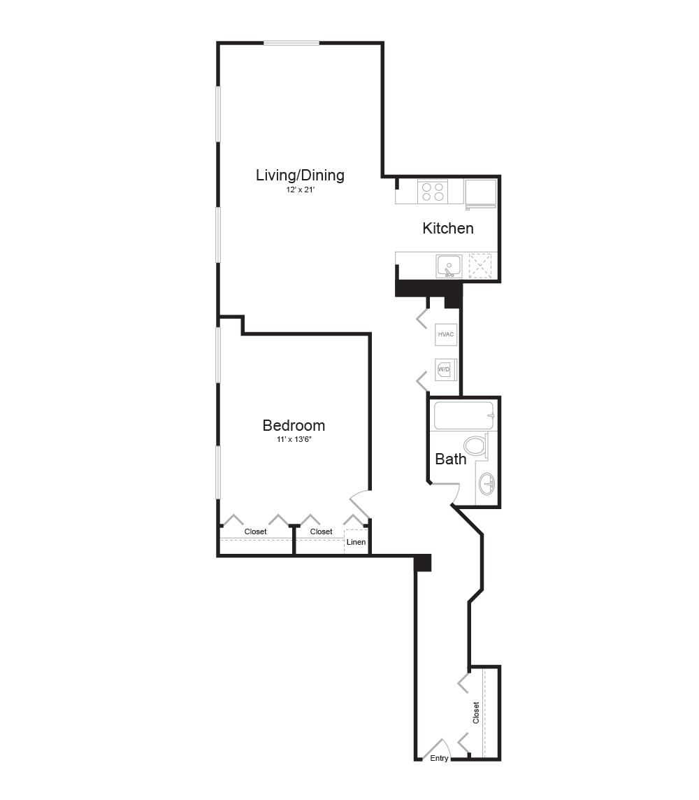 Floor plan for 1 bed, 1 bath, 800 sqft