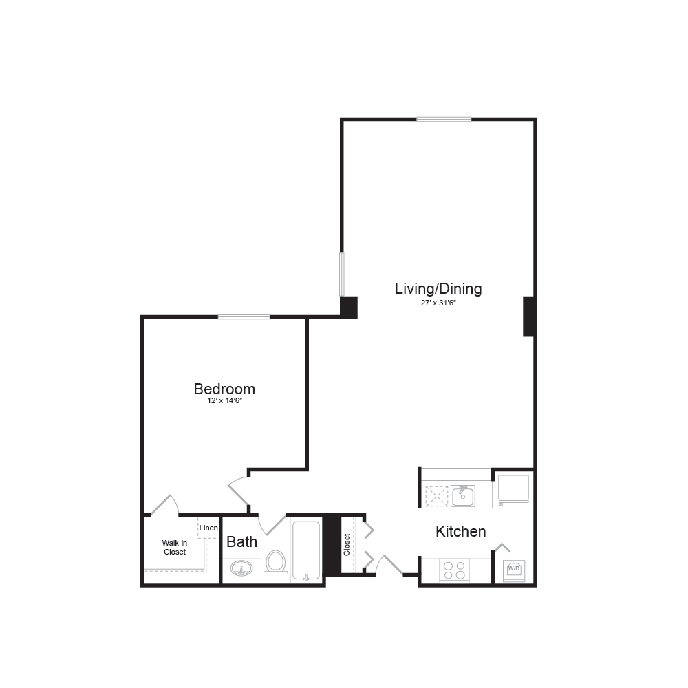 Floor plan for 1 bed, 1 bath, 825 sqft