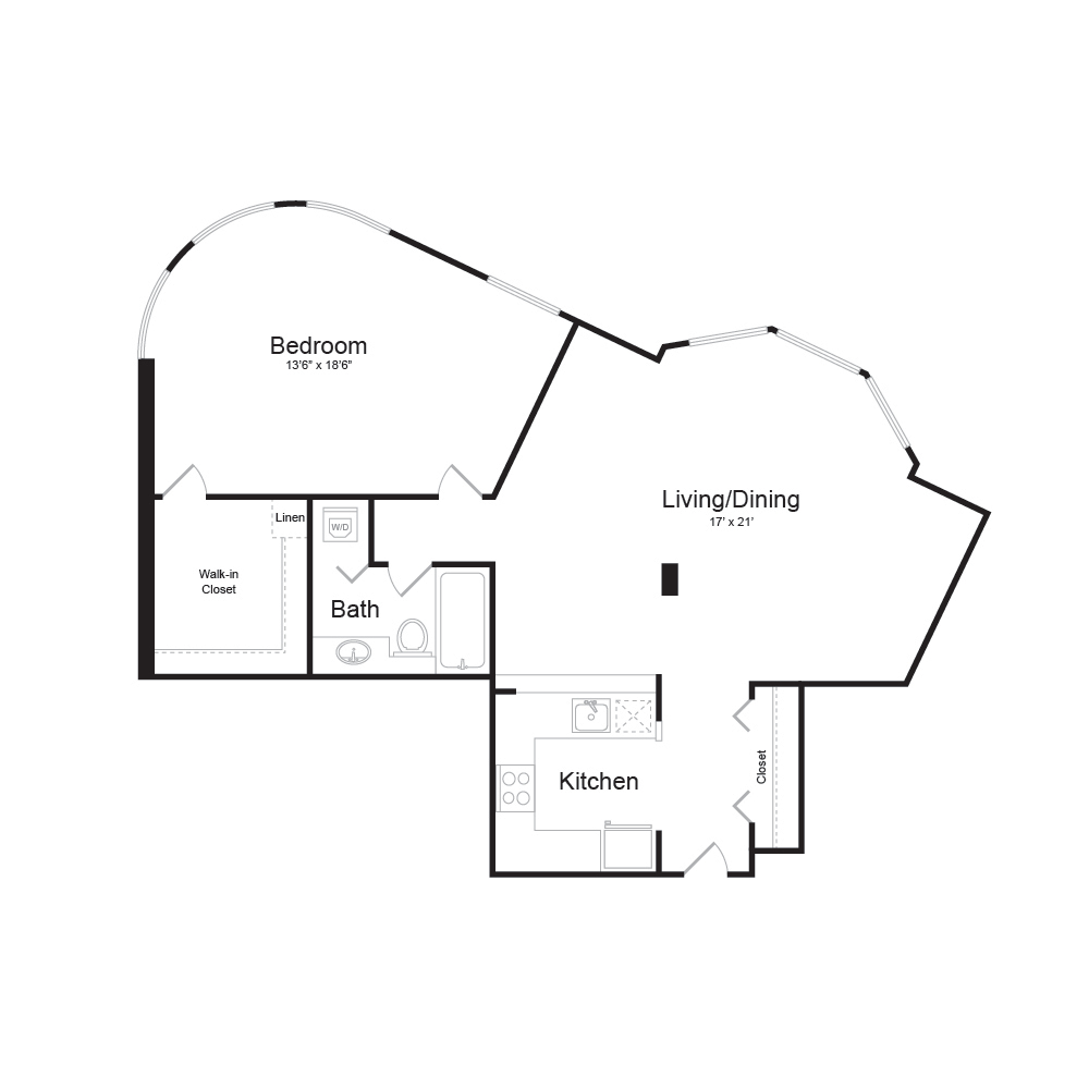 Floor plan for 1 bed, 1 bath, 875 sqft