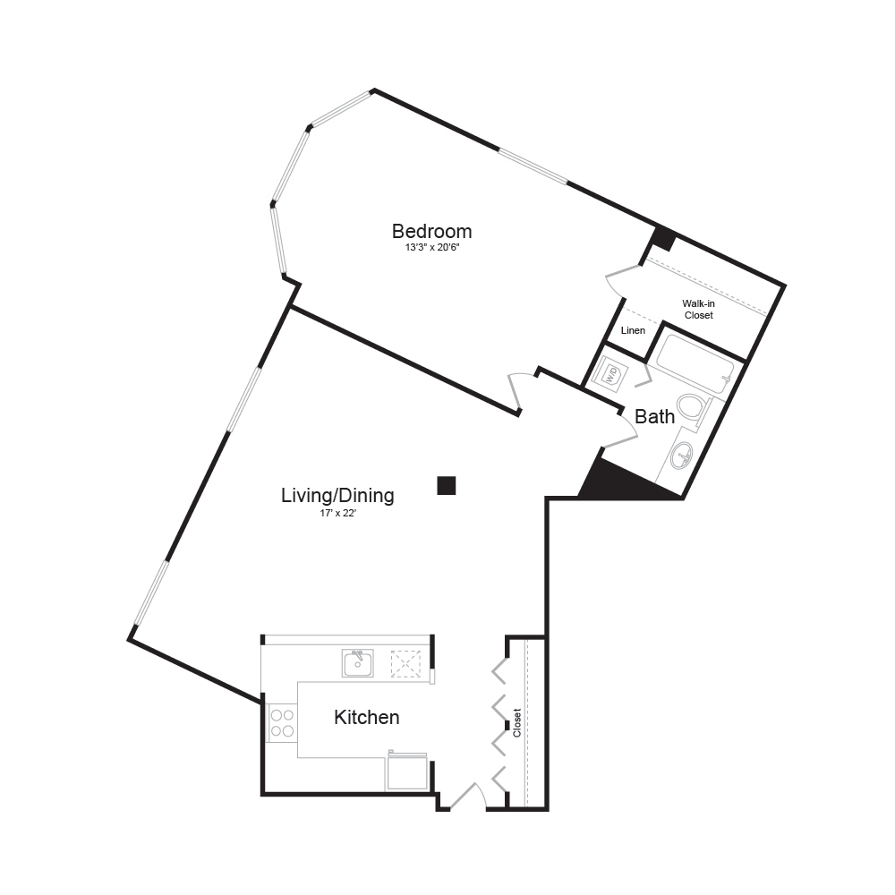 Floor plan for 1 bed, 1 bath, 910 sqft