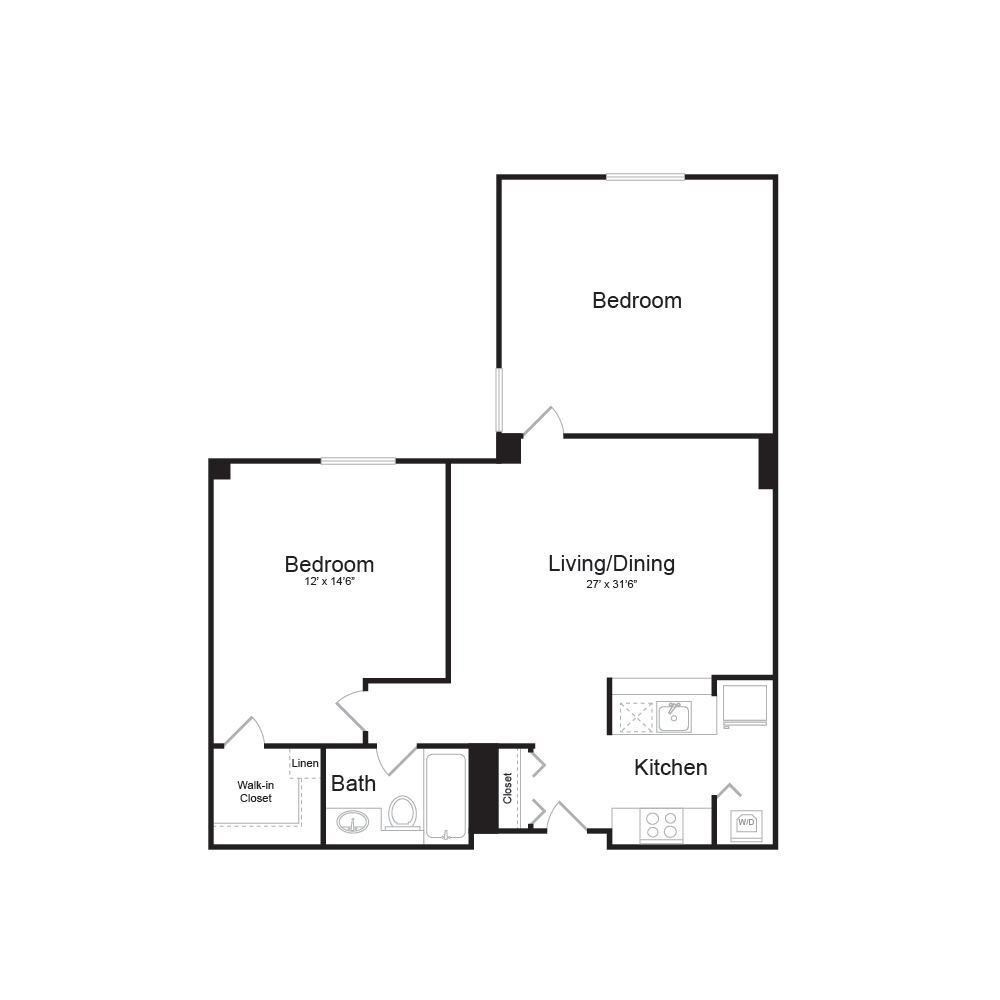 Floor plan for 2 beds, 1 bath, 825 sqft