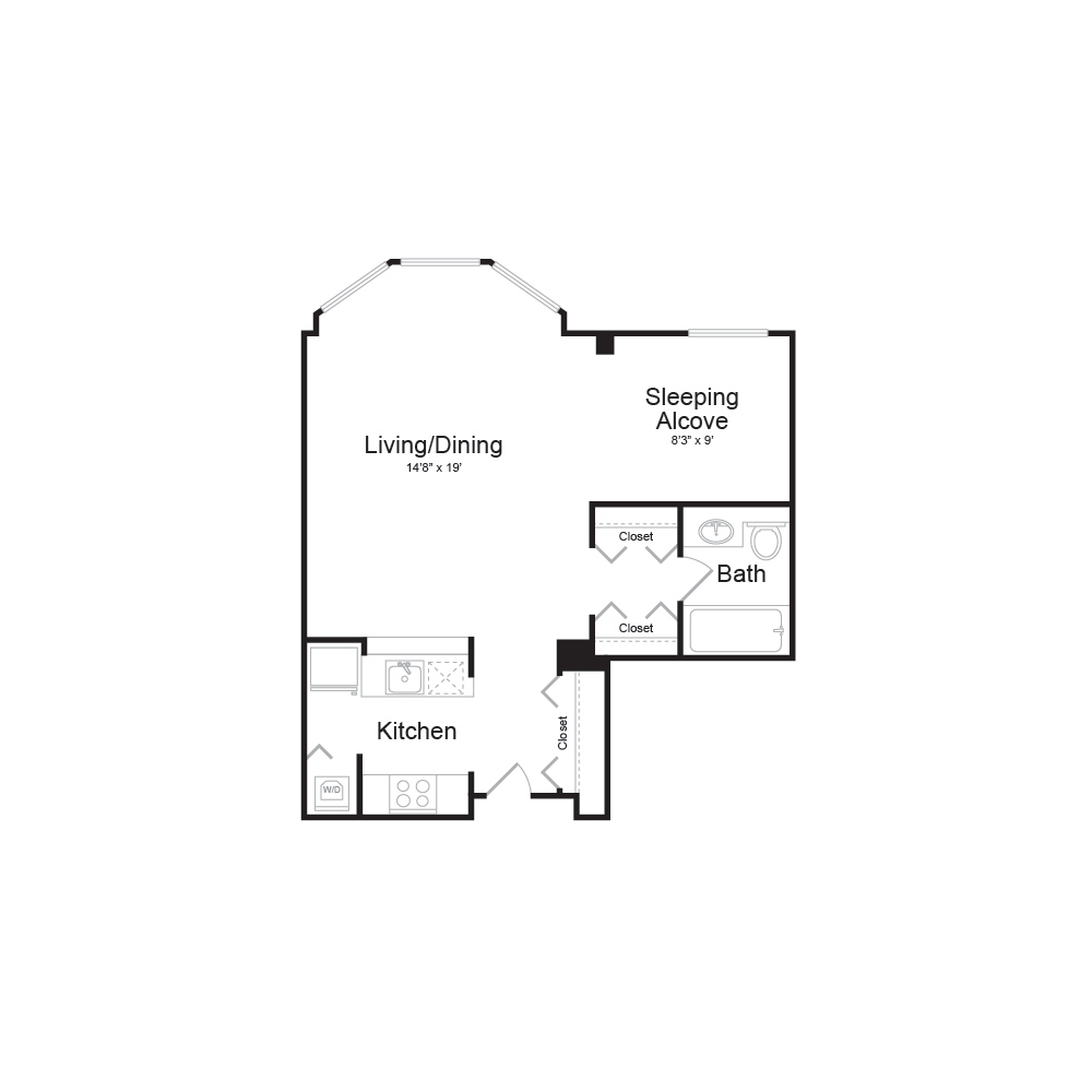 Floor plan for studio, 1 bath, 565 sqft