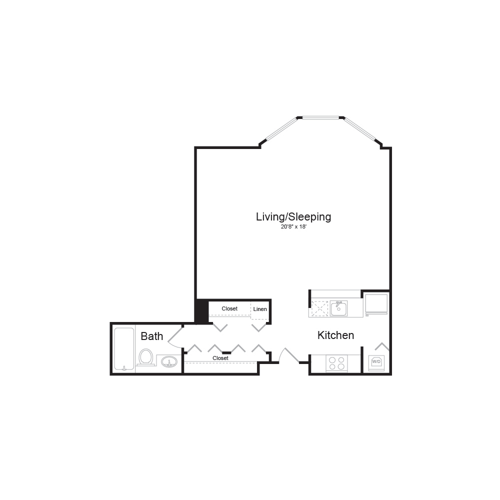 Floor plan for studio, 1 bath, 620 sqft