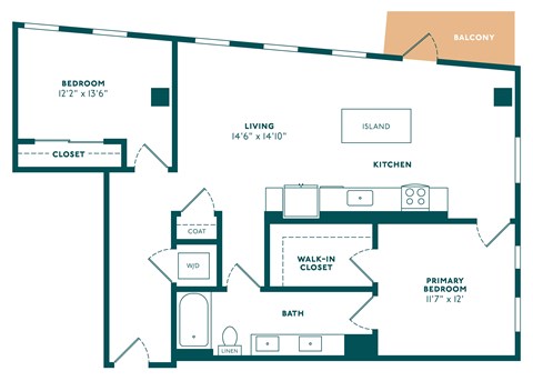 Floor plan for 2 beds, 1 bath, 1070 sqft