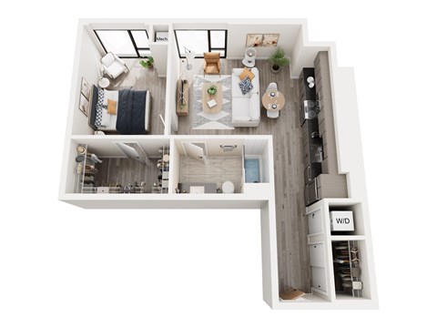 Floor plan for 1 bed, 1 bath, 708 sqft