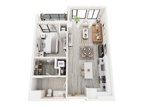 Floor plan for 1 bed, 1 bath, 741 sqft
