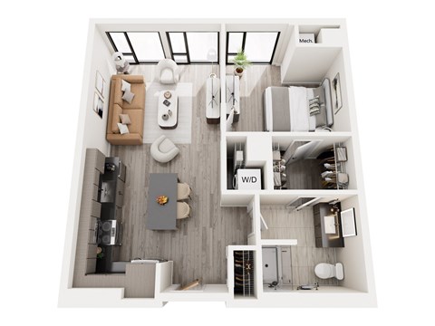 Floor plan for 1 bed, 1 bath, 679 sqft