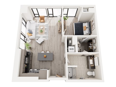Floor plan for 1 bed, 1 bath, 757 sqft