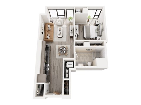 Floor plan for 1 bed, 1 bath, 664 sqft