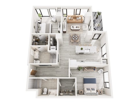 Floor plan for 2 beds, 2 baths, 1142 sqft