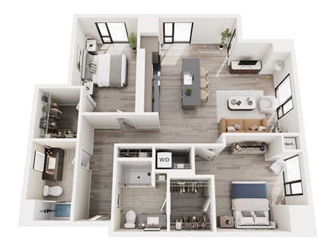 Floor plan for 2 beds, 2 baths, 1173 sqft