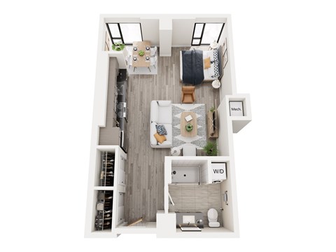 Floor plan for studio, 1 bath, 596 sqft