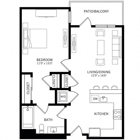 Floor plan for 1 bed, 1 bath, 743 sqft