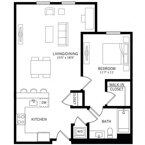 Floor plan for 1 bed, 1 bath, 884 sqft
