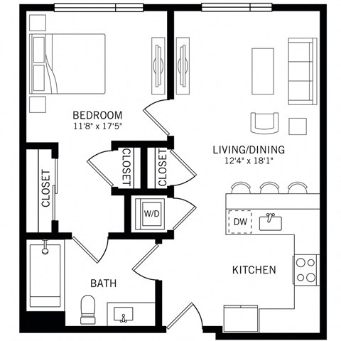 Floor plan for 1 bed, 1 bath, 687 sqft