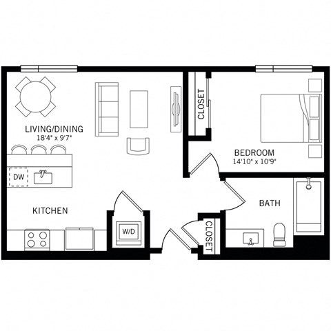Floor plan for 1 bed, 1 bath, 675 sqft