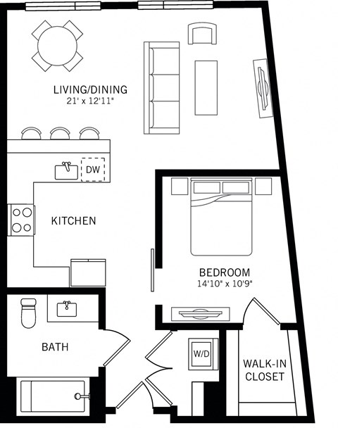 Floor plan for 1 bed, 1 bath, 697 sqft